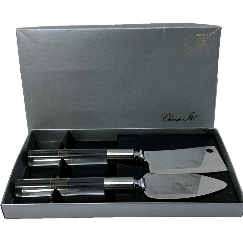 Cheese Knife Set Stainless Steel Acrylic Handle 2 Pc Slicer Spreader‎ Boxed